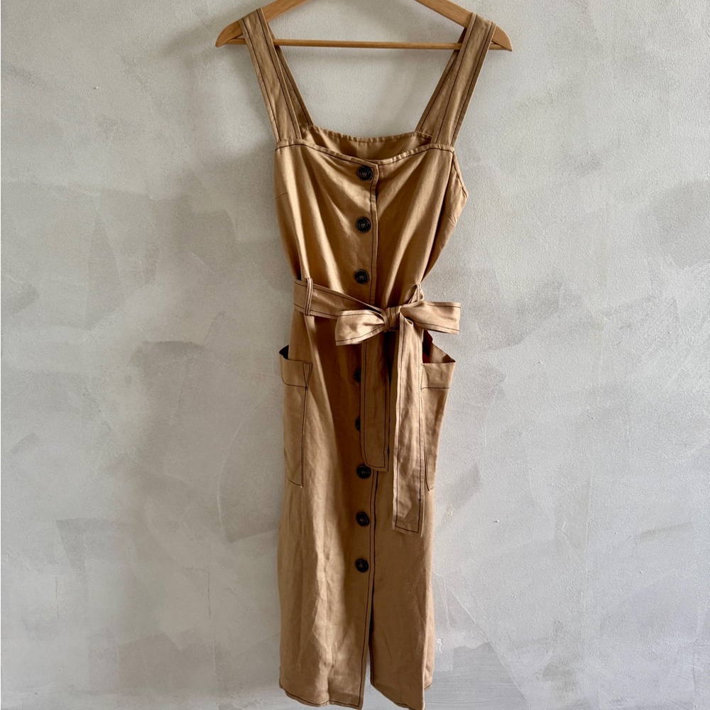 Moon River - Tan Sleeveless Square Neck Sundress with Waist Tie - Size SM
